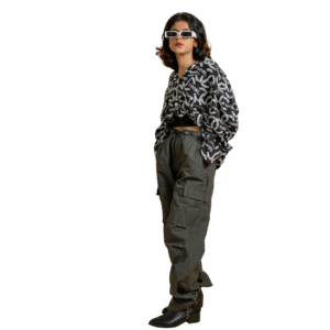 Black patterned shirt, cargo pants